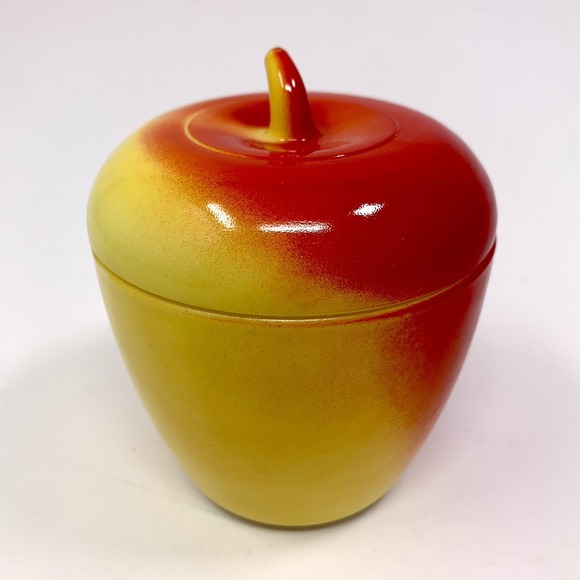 Hazel-Atlas Other - Vintage Hazel Atlas 4" Apple Milk Glass Jam Jar With Lid - Red and Yellow